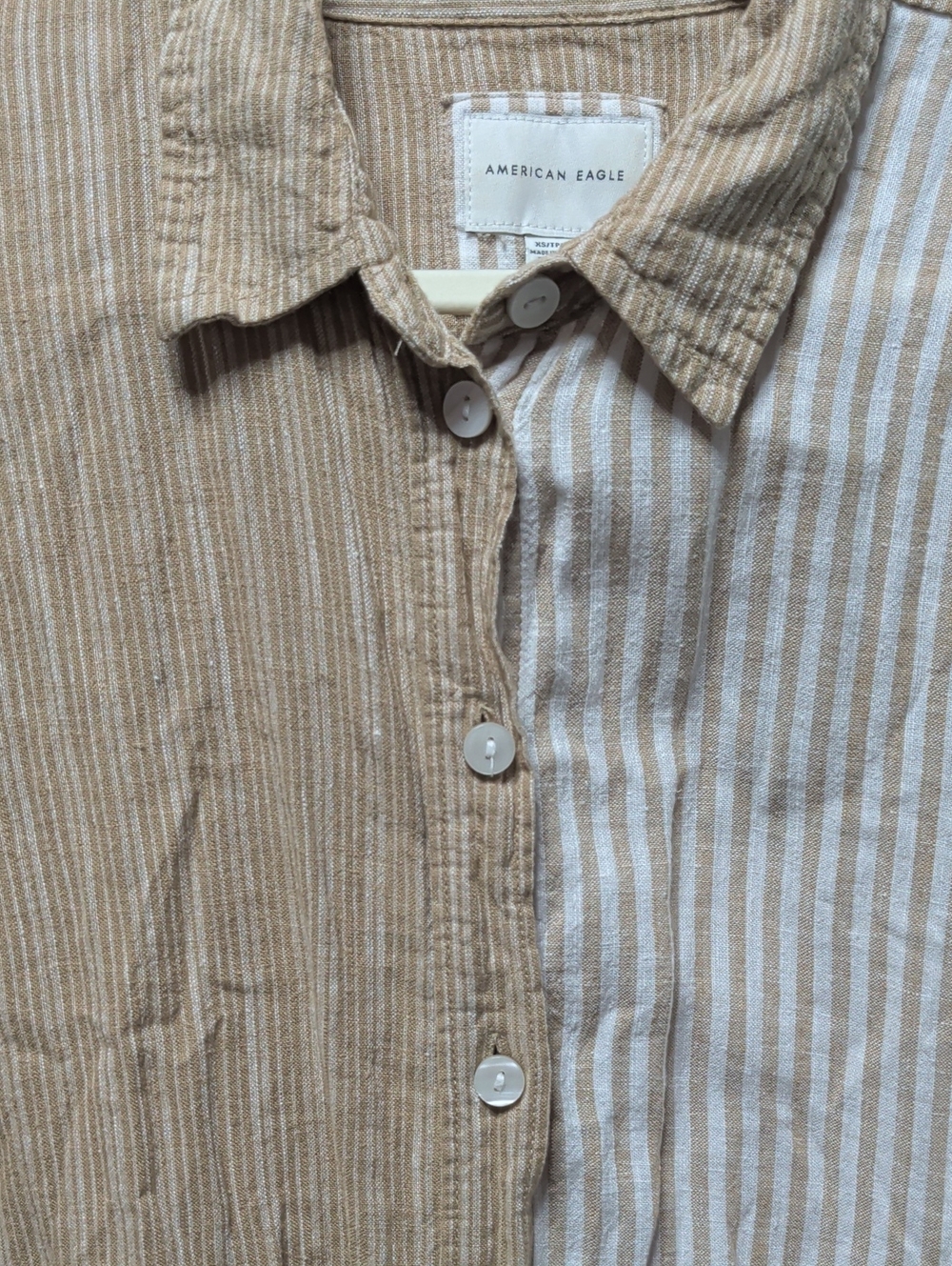 American Eagle Outfitters Beige and White Striped Mixed-Panel Button-Down Shirt